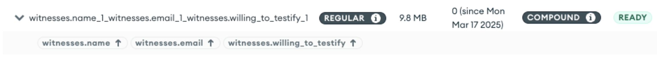 Screen capture showing an index on witness.name, witness.email, and witness.willing_to_testify. The index uses 9.8 MB of memory.